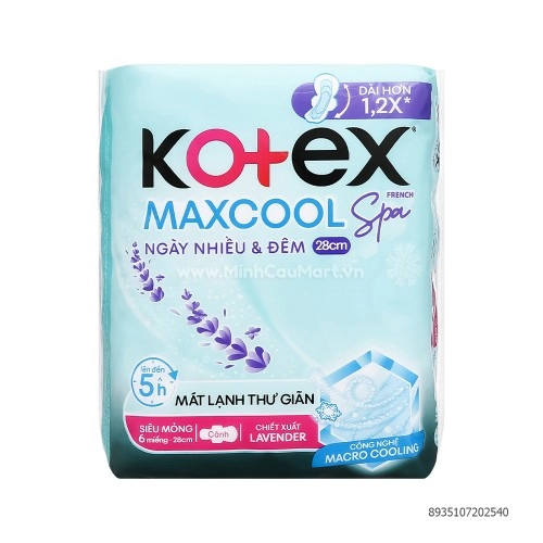 Băng Vệ Sinh Kotex MaxCool French Spa Ngày Nhiều & Đêm 280cm Có Cánh 6 Miếng Băng Vệ Sinh Kotex MaxCool French Spa Ngày Nhiều & Đêm 280cm Có Cánh 6 Miếng