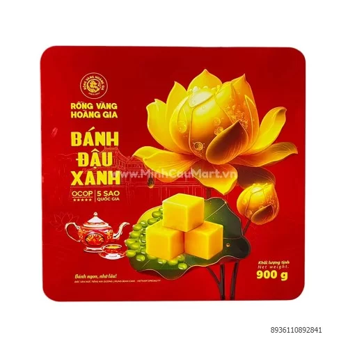 Bánh đậu xanh rồng vàng Hoàng Gia hộp thiếc sen vàng 900g                  