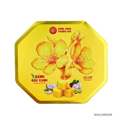 Bánh đậu xanh vị trái cây Hoàng Gia hộp thiếc hoa mai 200g                  