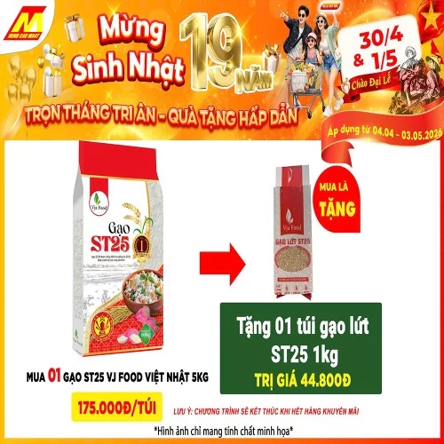 Gạo ST25 Vj food Việt Nhật 5KG tặng ngay 1 gói gạo nếp cái hoa vàng 1Kg