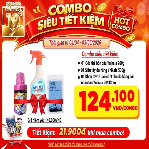 Combo tiết kiệm vệ sinh YNIKALA: 1Cốc thả bồn cầu Ynikala 200g, 1Siêu tẩy đa năng Ynikala 500g, 1Khăn tẩy tế bào chết cho da bằng sợi nhân tạo Ynikala 20*43cm                                                                                            