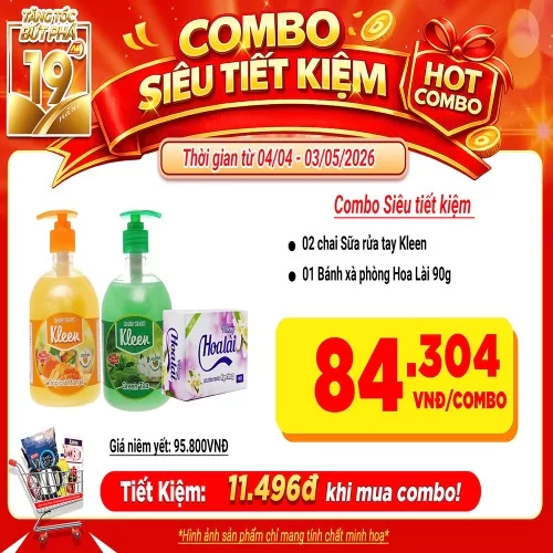 Combo Siêu tiết kiệm (2 Sữa rửa tay Kleen, 1 Bánh xà phòng Hoa Lài 90g)