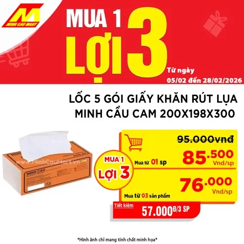 Lốc 5 gói giấy khăn rút lụa Minh Cầu cam 200x198x300 tờ    