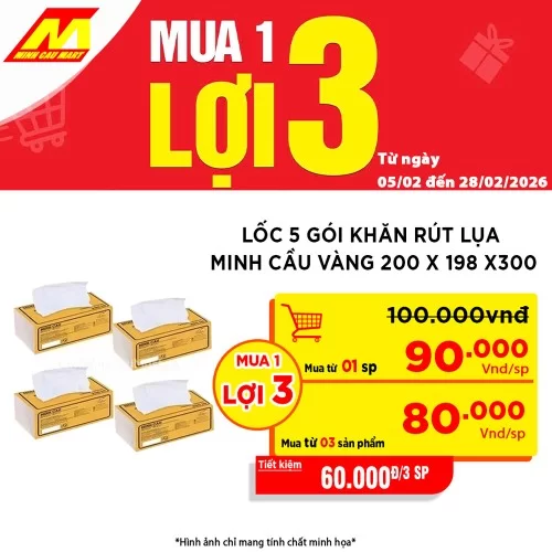 Lốc 5 gói khăn rút lụa Minh cầu vàng 200 x 198 x300 tờ    