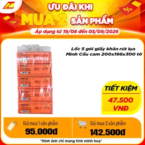 Lốc 5 gói giấy khăn rút lụa Minh Cầu cam 200x198x300 tờ    