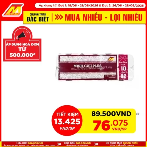 Giấy Vệ Sinh Minh Cầu Plus Đỏ 12 Cuộn * 5 Lớp