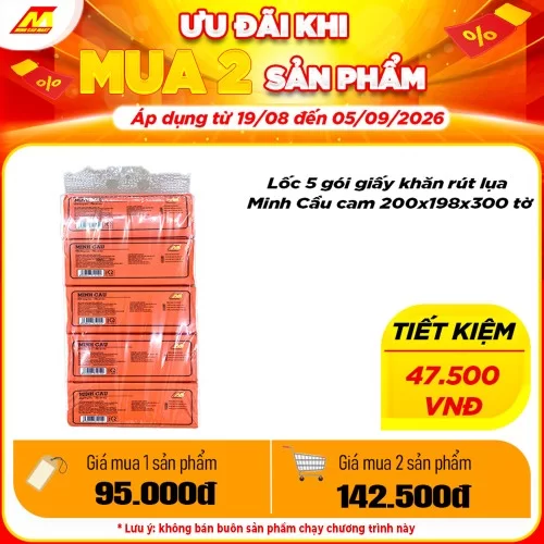 Lốc 5 gói giấy khăn rút lụa Minh Cầu cam 200x198x300 tờ    