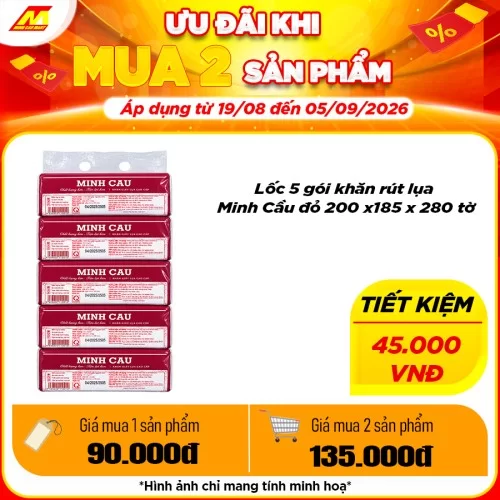 Lốc 5 gói khăn rút lụa Minh Cầu đỏ 200 x 185 x 280 tờ