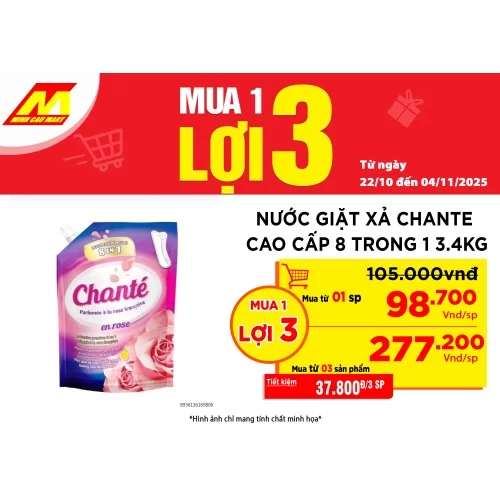 Nước giặt xả Chante cao cấp 8 trong 1 Hương Hoa Hồng Pháp 3.4kg Nước giặt xả Chante cao cấp 8 trong 1 Hương Hoa Hồng Pháp 3.4kg