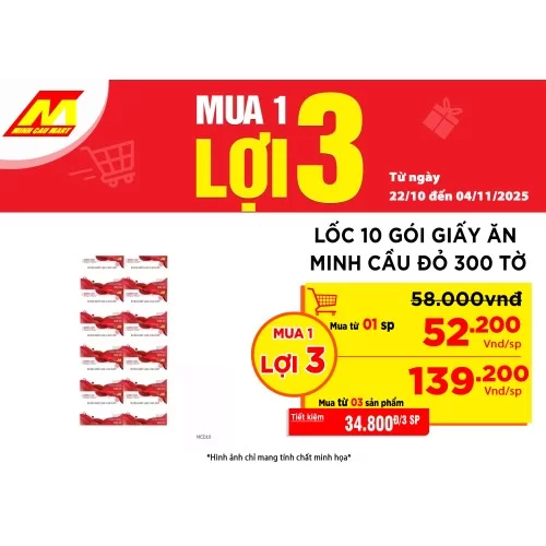 Lốc 10 gói giấy ăn Minh Cầu đỏ 300 tờ Lốc 10 gói giấy ăn Minh Cầu đỏ 300 tờ