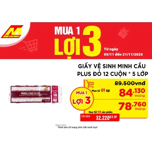 Giấy Vệ Sinh Minh Cầu Plus Đỏ 12 Cuộn * 5 Lớp
