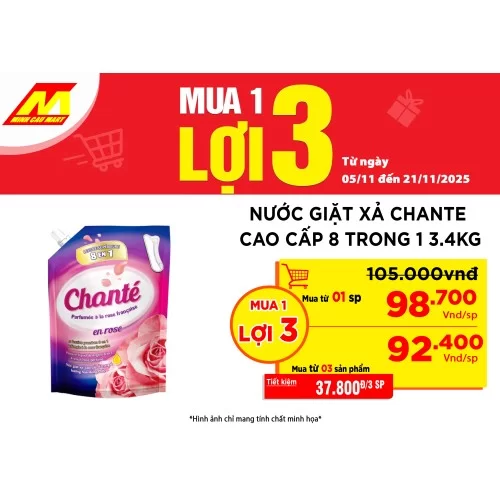 Nước giặt xả Chante cao cấp 8 trong 1 Hương Hoa Hồng Pháp 3.4kg