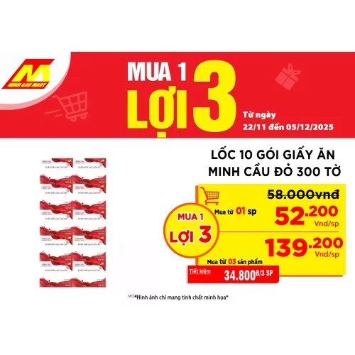 Lốc 10 gói giấy ăn Minh Cầu đỏ 300 tờ