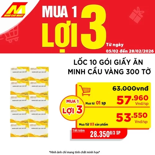 Lốc 10 gói giấy ăn Minh Cầu vàng 300 tờ