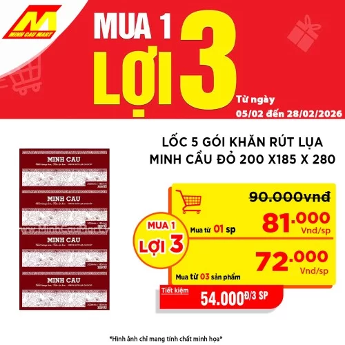 Lốc 5 gói khăn rút lụa Minh Cầu đỏ 200 x 185 x 280 tờ