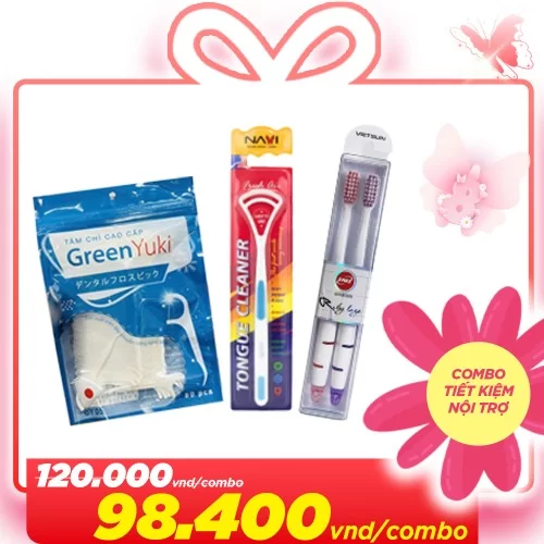 COMBO Sạch miệng mỗi ngày(1 Bàn chải đánh răng người lớn hiệu RUBY Laze  +  1Cạo lưỡi Navi Tongue Cleaner + Tăm chỉ cao cấp Green Yuki gói 80 que)