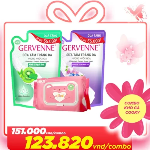 Combo Spa tại nhà Gervenne (1 Gervenne sữa tắm Kiwi và hương bạch trà 450g + 1Gervenne sữa tắm việt quất và lan Nam Phi 450g + 1Khăn ướt Aiko 100 tờ)