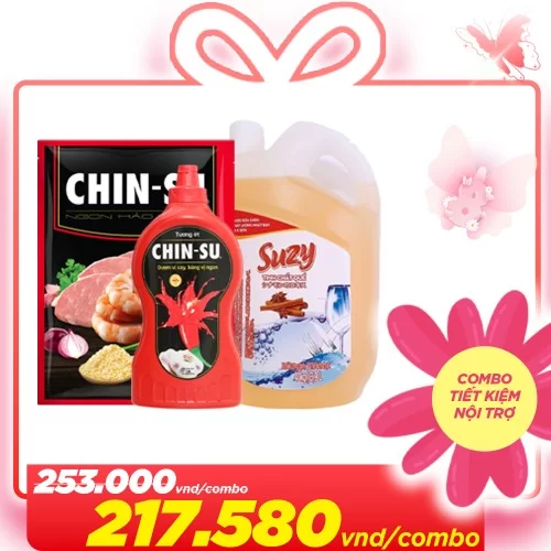 Combo tiết kiệm nội trợ (1Hạt nêm CHIN-SU Nấm Shiitake & Tảo Kombu 450g + 1Tương ớt chinsu 1Kg + 1Nước rửa chén Suzy quế 4000ML)