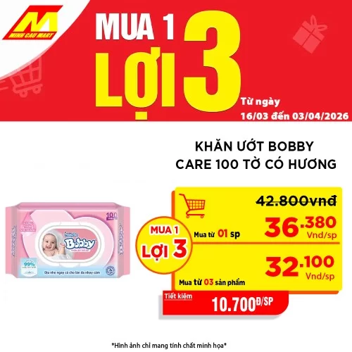 Khăn ướt Bobby Care nắp nhựa 100 tờ