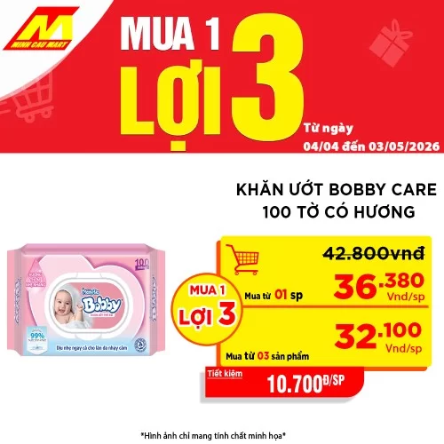 Khăn ướt Bobby Care nắp nhựa 100 tờ