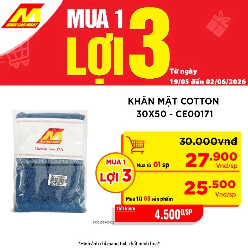 Khăn Mặt Minh Cầu Cotton 30X50 - CE00171 Màu Xám