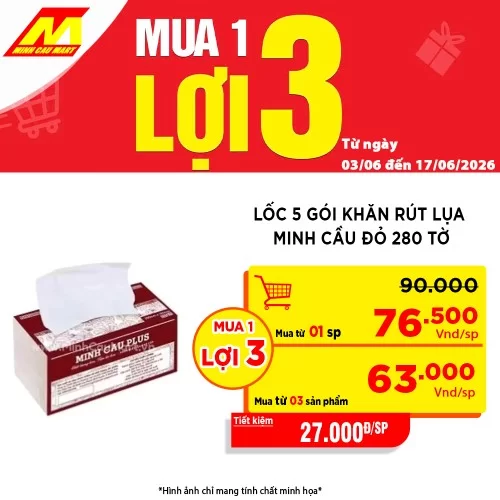 Lốc 5 gói khăn rút lụa Minh Cầu đỏ 200 x 185 x 280 tờ