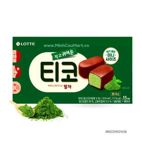 Kem Lotte Tico Choco Crispy Vanilla Ice Cream (Green Tea) Kem vien kim cuong Lotte tra xanh 34mm/chiec,15 chiec/hop   