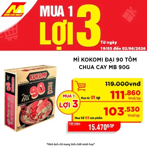 Mì Kokomi đại 90 tôm chua cay MB 90g  30 gói/thùng
