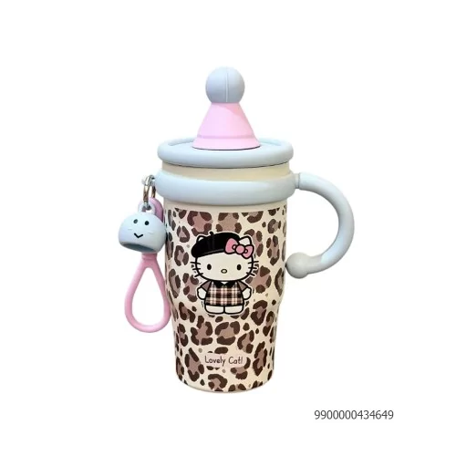 Cốc giữ nhiệt 600ml cÓ quai và Ống hút hoạ tiết hình HELLO KITTY