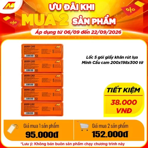 Lốc 5 gói giấy khăn rút lụa Minh Cầu cam 200x198x300 tờ    