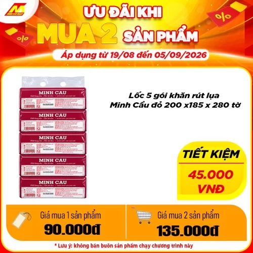 Lốc 5 gói khăn rút lụa Minh Cầu đỏ 200 x 185 x 280 tờ