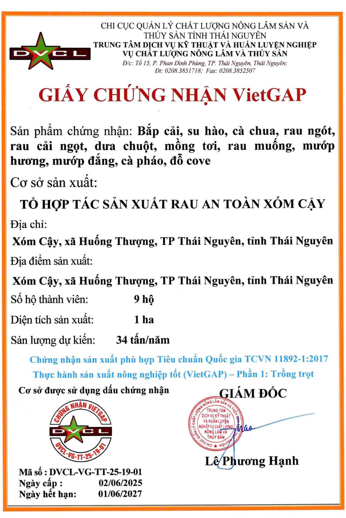  THÔNG TIN NHÀ CUNG CẤP RAU VIETGAP XÓM CẬY