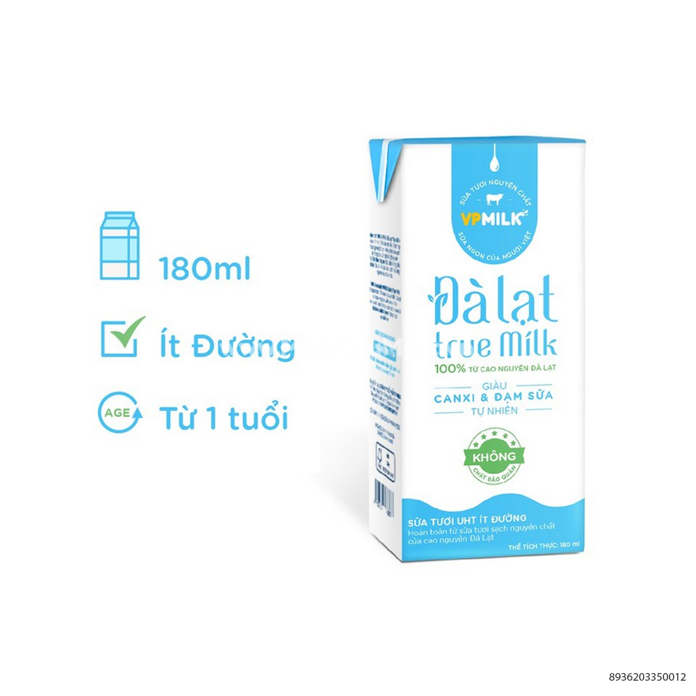 Sữa Tươi Đà Lạt True Milk 100% Nguyên Chất 180ml Ít Đường - Minh Cầu