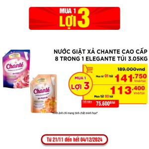 Nước giặt xả Chante cao cấp 8 trong 1 Elegante túi 3.05kg